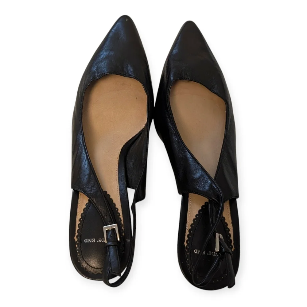 SLINGBACK PUMPS Black Leather Pointed Toe 2” Stacked Heel 8.5 Lands End